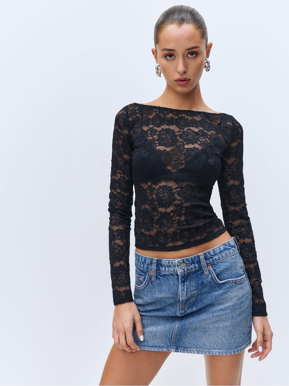 REFORMATION Adriano Lace Knit Long Sleeve Top Sicilian Black Large